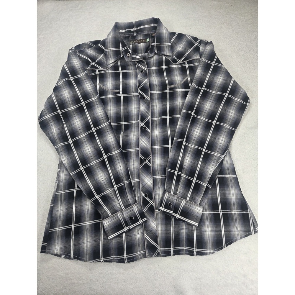 Roper Western Snap Shirt XL Black Plaid Rose Embroidery Y2K Grunge Cowgirl
